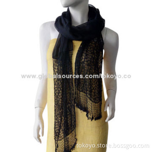 Beaded scarf with woven fabric and lace stitching patchwork, made of viscose, size of 180*70+8cm